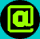 A contact sheet of 10 distinct AOL Instant Messenger buddy icons featuring @ symbols in various colors and styles on black circular backgrounds with a cyan backdrop.
