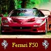 Red Ferrari F50 sports car front view with green foliage background and yellow text banner below