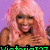 Pixelated image of a person with pink hair against a purple background, with text overlays changing across four