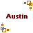 A static image shows a of eight brown square-based icons with small dots, arranged around four instances of the text 'Austin' in dark red pixelated font