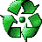 Green pixelated recycling symbol with three arrows forming a triangular loop around a central green sphere on a gray background.