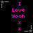 Pixelated text and symbols on black background with pink and white elements, featuring repeated 'I Love Yooch' text and star-like shapes.