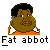 Pixelated character with brown skin, black afro hair, and orange pants; text below reads "Fat abbot" in blocky font.