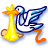 A pixelated icon features a golden anchor with orange accents, blue and white winged design elements, and an orange curved line on a transparent background.