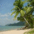 Pixelated static image of a tropical beach scene with palm trees, sand, and water under a blue sky.