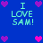 Blue background with repeated 'I LOVE SAM!' text and pink/purple hearts in pixelated style.