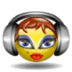 Yellow spherical face with brown hair, blue eyeshadow, red lips, and silver headphones in a of expressions