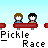 Animated contact sheet showing 12 frames of a pixel art Pickle Race game with two characters racing in red boats, displaying text bubbles and green particle effects across sequential states.