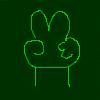 Green neon outline of a hand making a peace sign with two fingers raised, set against dark green background.