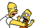 Pixelated cartoon characters Homer and Bart Simpson in a four- , with varying arm positions and facial expressions against gray background