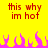 Yellow background with red pixelated text reading 'this why im hot' and pink pixelated flames at the bottom.
