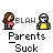 Pixel art contact sheet showing four frames of an animated buddy icon with two characters and text, arranged in a 2x2 grid on gray background.