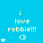 Pixelated blue background with yellow text reading "i love robbie!!! <3" and white star symbols in various positions.