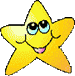 Yellow star-shaped character with blue eyes and pink mouth, smiling in two variations: one without border, one with green outline.