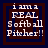 Four identical pixelated text-based icons arranged in a , each displaying "i am a REAL Softball Pitcher!!" with layered brown and blue backgrounds