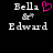 Pixelated text displays 'Bella' with a pink heart symbol above 'Edward', separated by an ampersand on black background.