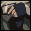 A character with silver hair and a metal headband covers their face with a dark blue cloth, then reveals red eyes before returning to the initial pose.