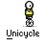 Animated contact sheet of 15 pixel art frames showing a stick figure riding a unicycle with yellow shirt and black shorts, arranged in 4x4 grid on gray background.