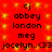 Red background with yellow sparkles, black text reading 'cj abbey london meg jocelyn..(33' repeated in two