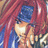 Anime character with long red hair and blue headband covering one eye, hand near face, against black background with white text.