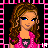 Pixel art contact sheet of an animated buddy icon featuring a cartoon woman in pink and white attire with text fragments across frames.