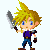 Pixel art character with spiky blonde hair, blue eyes, purple shirt, blue pants, brown shoes, and a large silver sword, shown in multiple poses including standing, holding sword, and casting a blue spell.
