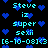 Pixelated cyan text and blue hearts on black background, repeating 'Steve iz super sexii [6-10-08]<3' with heart symbols replacing 'love'