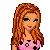 Pixel art contact sheet showing two frames of an animated AIM buddy icon featuring a cartoon woman with long orange hair in pink polka-dot clothing and high heels, with "hi" text below the left frame.