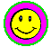 A 4x4 contact sheet of animated AIM buddy icons showing a yellow smiley face and various cartoon monster expressions with pink, green, and blue color schemes.