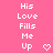 Pink background with white text 'His Love Fills Me Up' repeated in and small pixelated hearts appearing next to the text