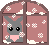 Pixel art animation of a gray rabbit with pink cheeks peeking through a window frame, showing three distinct expressions across frames: open eyes, closed eyes, and flower-covered face.
