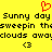 Yellow background with black pixelated text repeating 'Sunny day Sunny day sweepin the sweepin the clouds away clouds away' and two red heart symbols above, each followed by a '<3' symbol below.