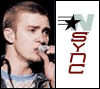 Animated sequence of a person singing into a microphone with changing facial expressions and head positions, alongside repeated 'NSYNC' text on white