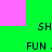 Green and pink pixelated background with repeated 'SH FUN.' text in black block letters, showing partial and full text arrangements.