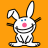 Pixelated white rabbit with pink nose and blue eyes on solid orange background, arms raised in a cheerful pose.