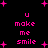 Pixelated pink text "u make me smile" on black background with scattered pink plus signs, repeated in four quadrants.
