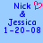 Pixelated blue text on light blue background reads 'Nick & Jessica 1-20-08' with a red heart symbol above Nick in the left view.