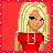 Pixelated image of a blonde woman in red and white clothing with star patterns, holding a red bell-shaped object against a solid red background.
