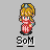 Pixel art character with blonde hair and red dress in six poses, each labeled 'SoM' below.