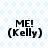 Four identical pixelated text icons arranged in a on a light blue hexagonal pattern background, each displaying 'ME! (Kelly)' in bold black font