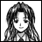 Black-and-white pixelated image of a female character with long wavy hair, side-swept bangs, and a neutral expression, next to stylized text on a black background.