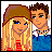 Pixelated cartoon-style icon of two people with blonde and brown hair, wearing red striped top and blue shirt, positioned side-by-side against white background.