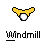 A contact sheet of 8 animated frames showing a yellow stick figure performing various windmill poses with white circular hands against a gray background, each labeled "Windmill" below.