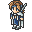 Pixel art character with brown hair and blue eyes in four sequential poses showing movement from standing to walking.