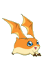 Four views of an orange and cream-colored cartoon creature with large blue eyes, small pink mouth, brown feet, and two wing-like ears on a gray background.