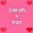 Pixelated pink background with red heart icons and white text reading 'Sarah + Pat' in four quadrants.