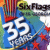 Pixelated graphic with large white '35' numerals on blue background, surrounded by red and green accents including striped vertical elements.