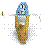 Pixelated figure with blue head and brown-green body, arms extended horizontally, surrounded by scattered colored pixels on white background.