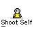 Pixel art character in yellow shirt with white face and black outline, performing shooting animation with red splatter effects, text "Shoot Self" below.