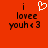 Red background with black text reading 'i lovee youh <3' and a white pixelated heart symbol above the left instance of the phrase.